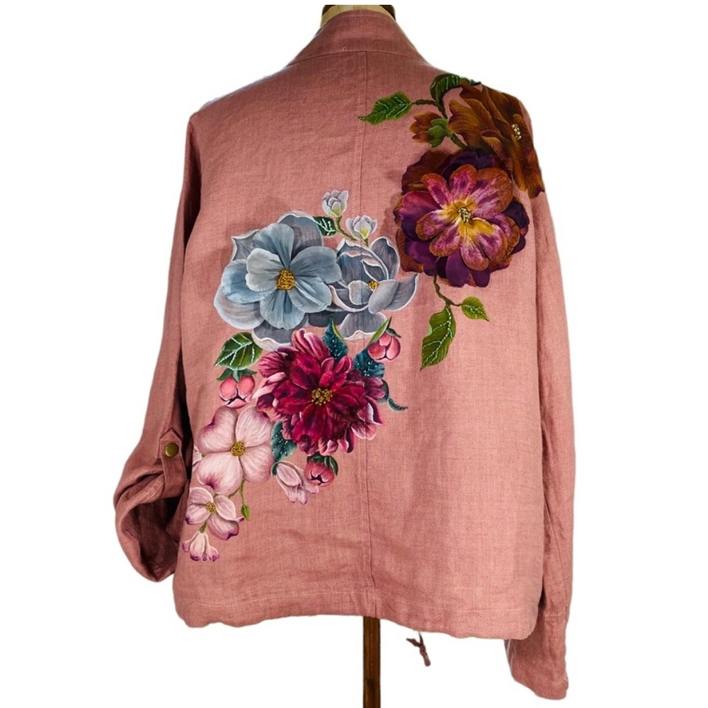 Beautiful Hand Painted Floral & Beaded Linen Jacket Sz L